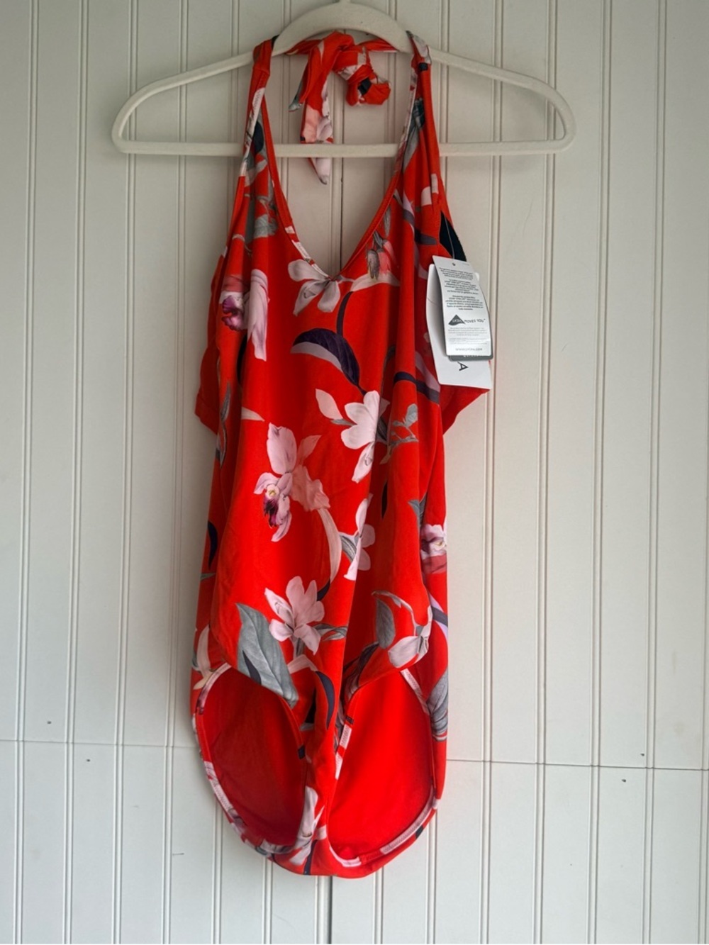 Athleta Size M Orange Black Floral Waimea Plunge Halter One Piece Swimsuit NEW! - Picture 3 of 5